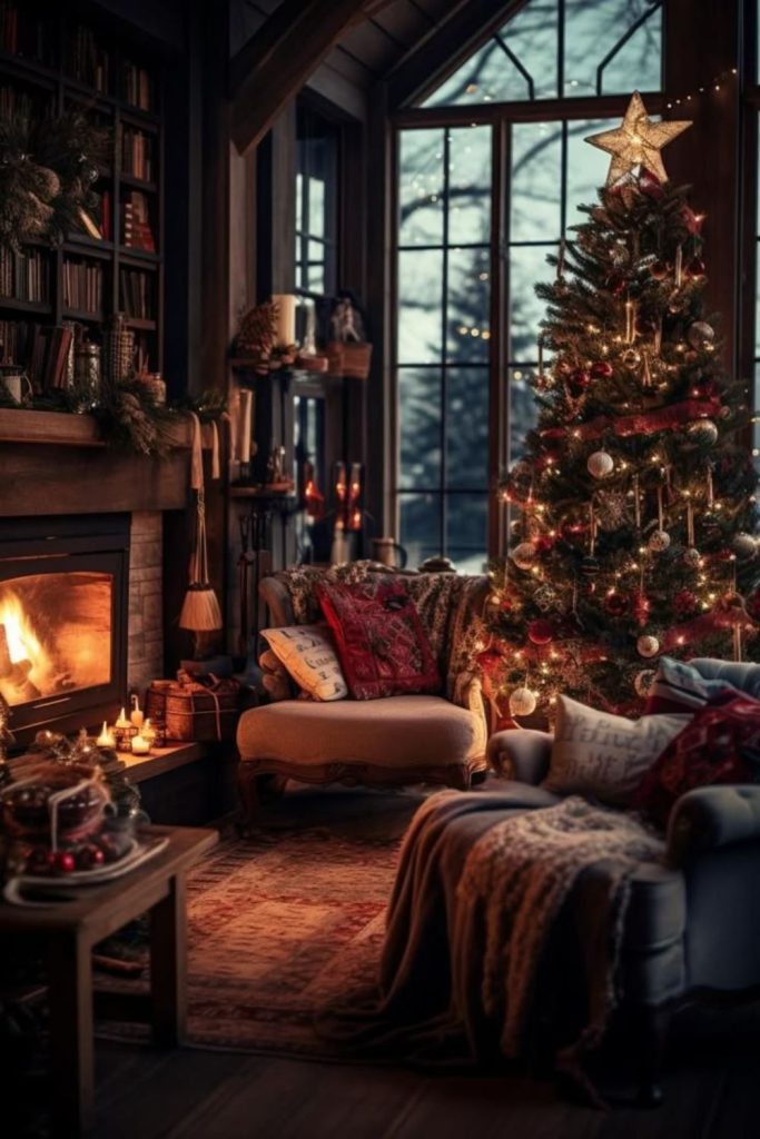 Fireplace library with blankets and cocoa.