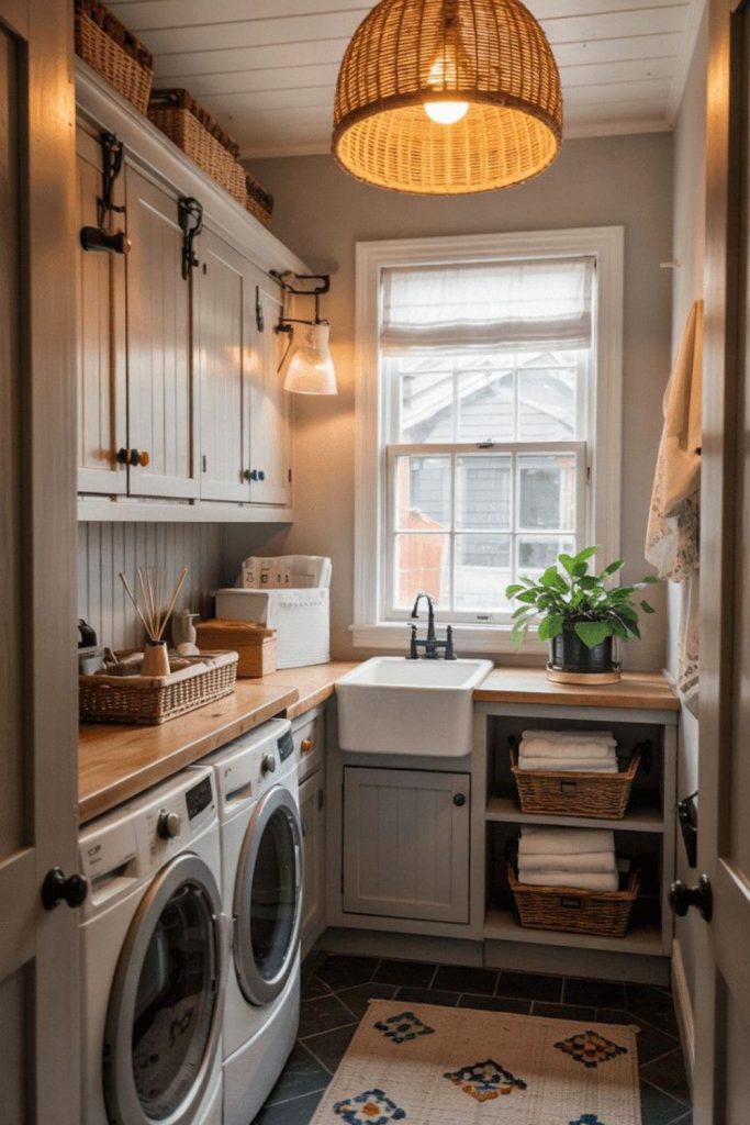 Intimate cozy small basement laundry.