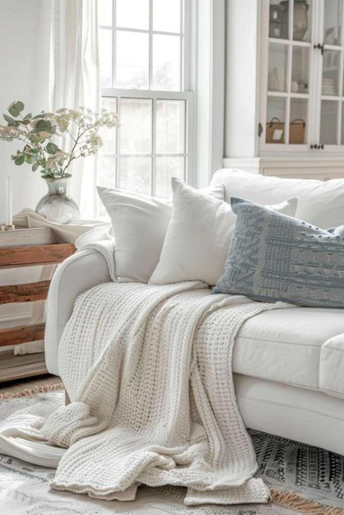 Cream blanket cozy lounge moment.
