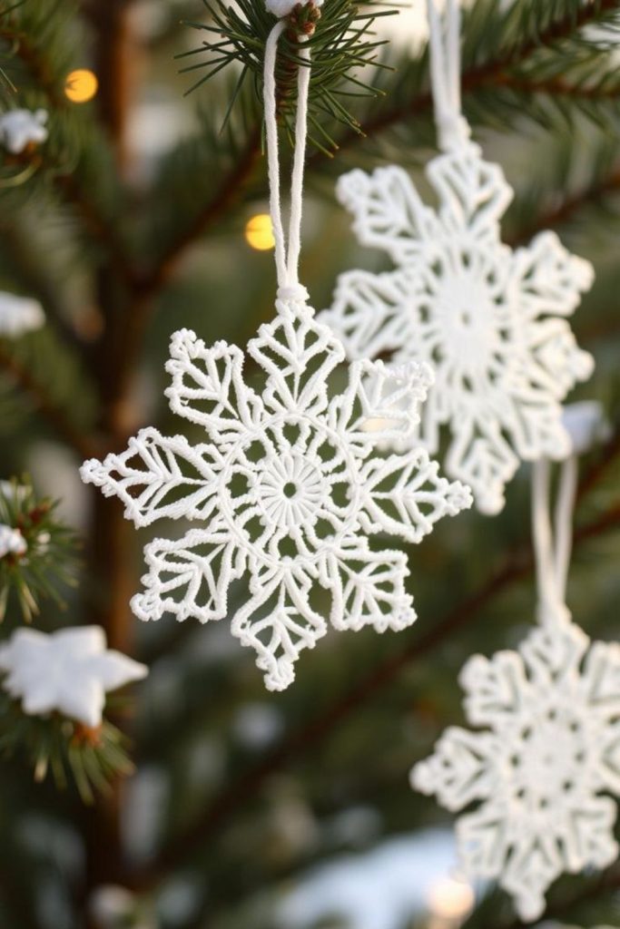 Crochet snowflakes hanging from windows