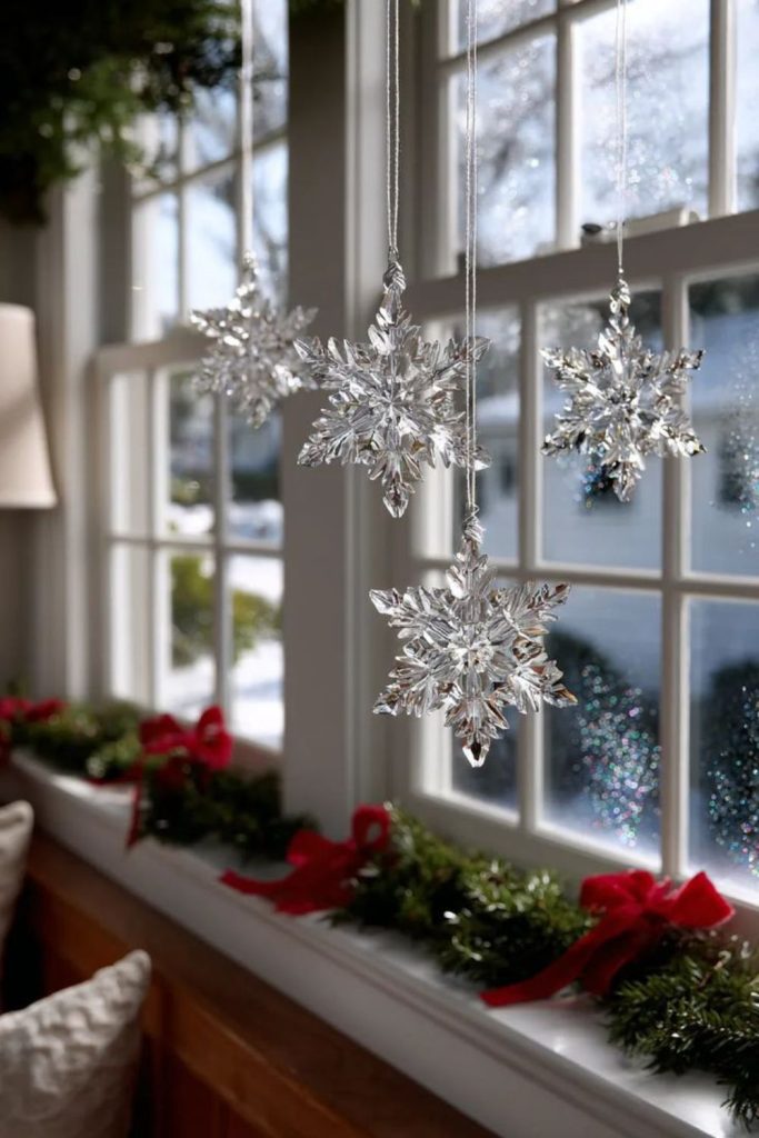 Crystal snowflake hanging winter window décor.