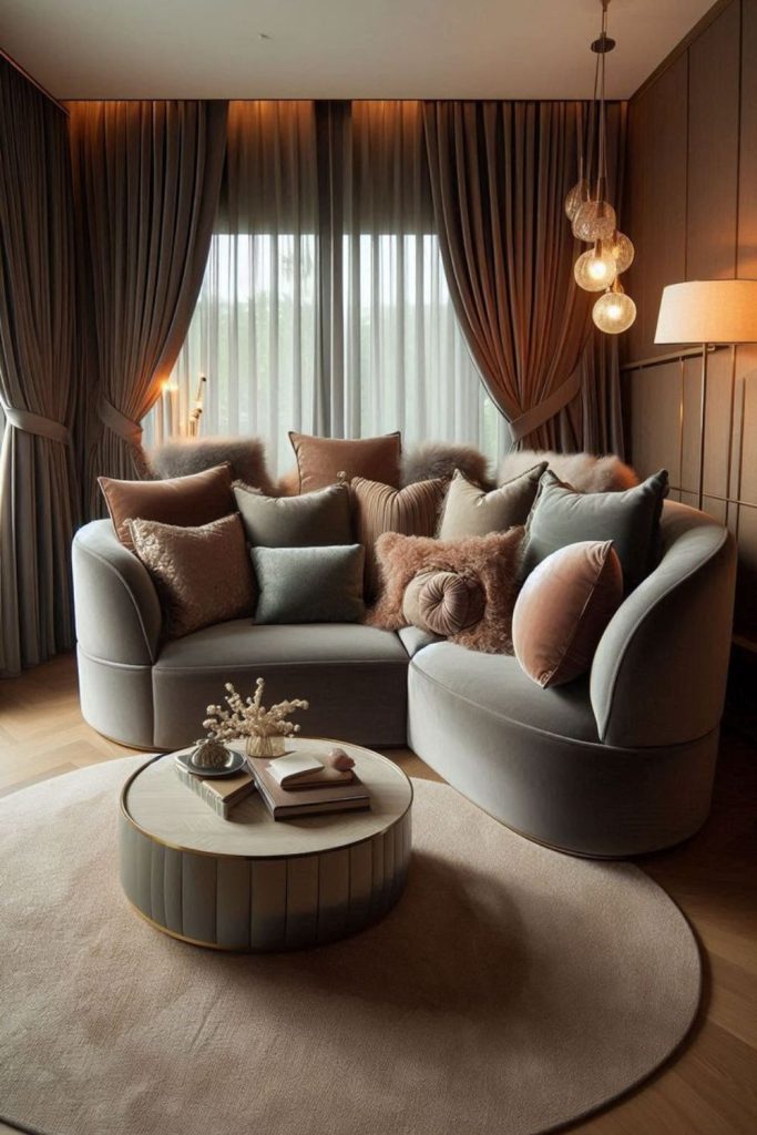 Rounded furniture creates cozy small room.