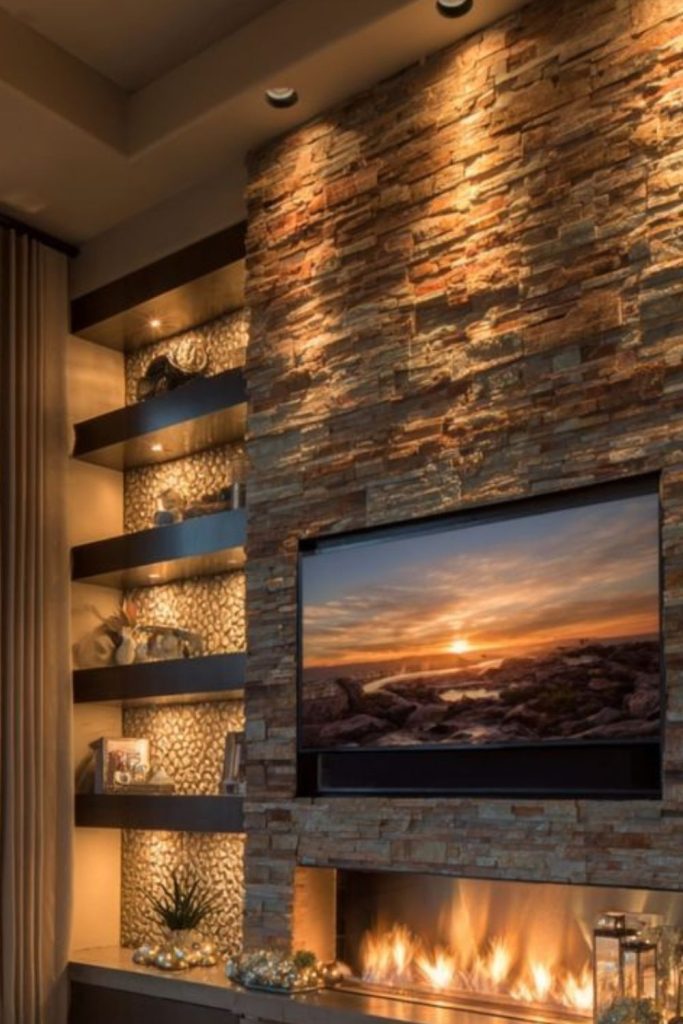 Curved stone fireplace wall with TV