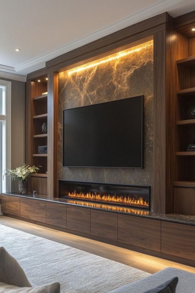 Dark walnut fireplace wall with TV