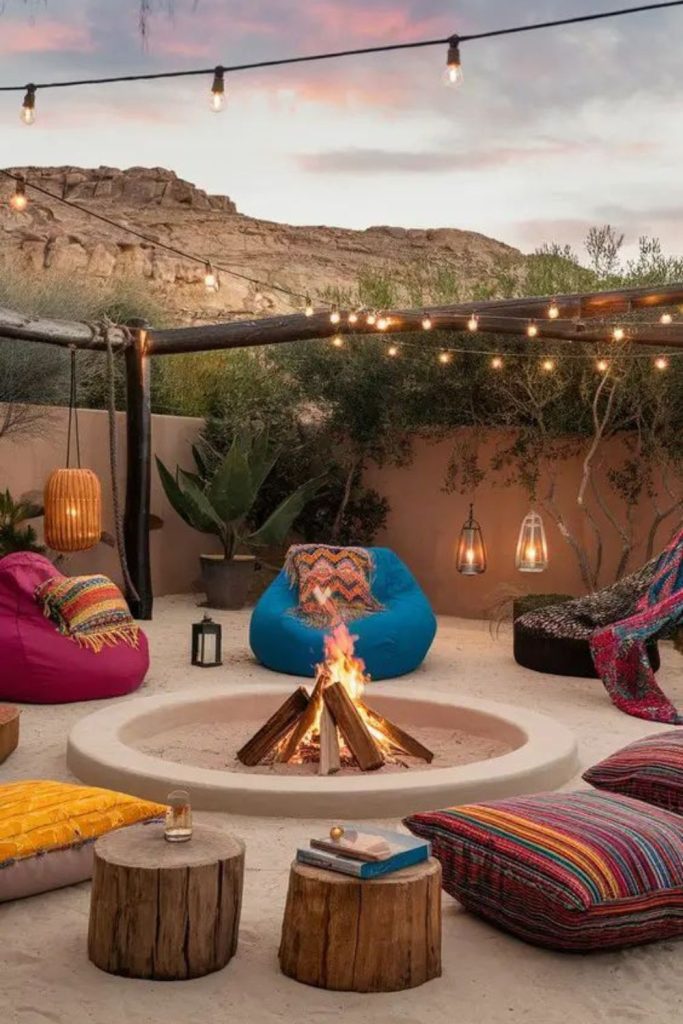 Sand-surrounded desert fire pit