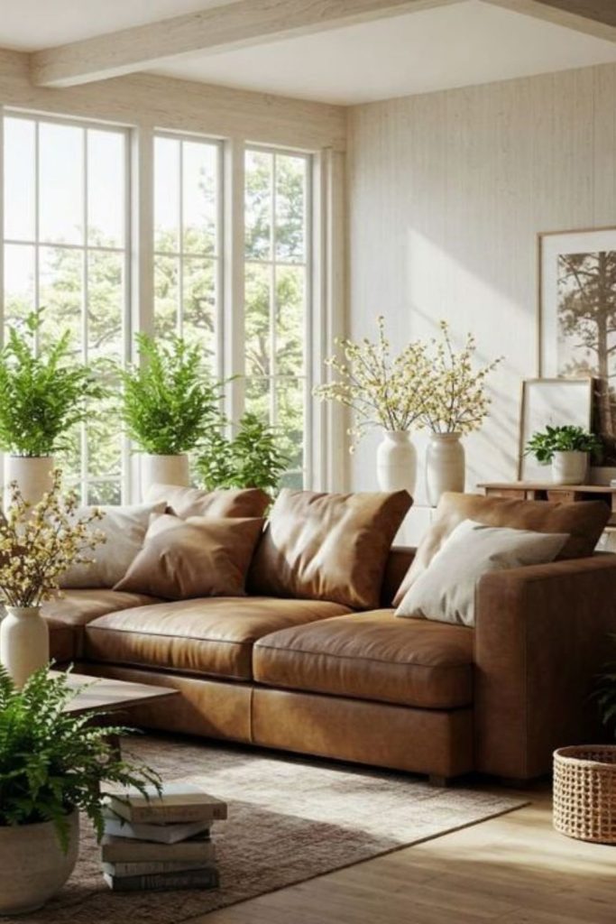 Desert-inspired neutral brown leather space