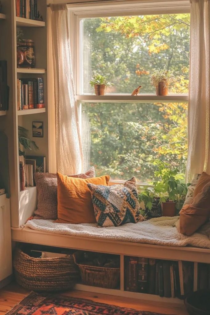 Sunlit cushioned bench with plants