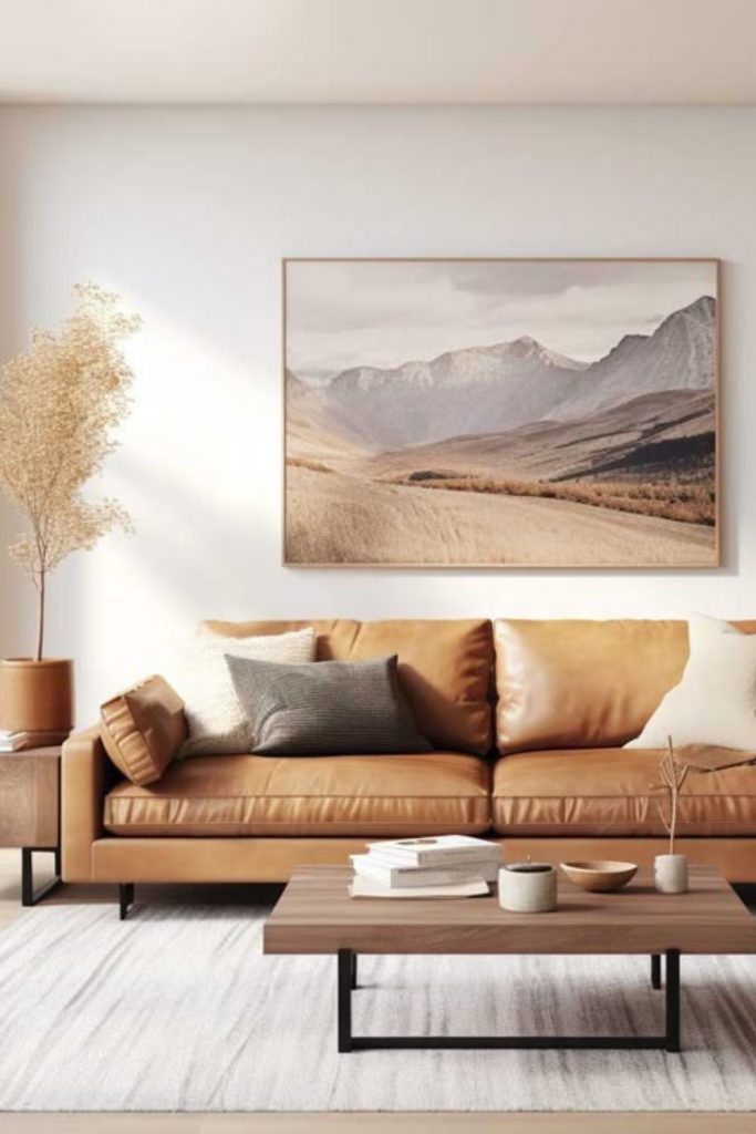 Elegant neutral brown leather living