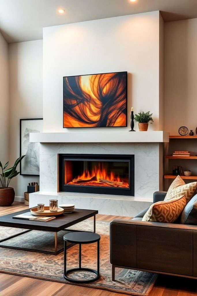 Loft interior with glowing fireplace.
