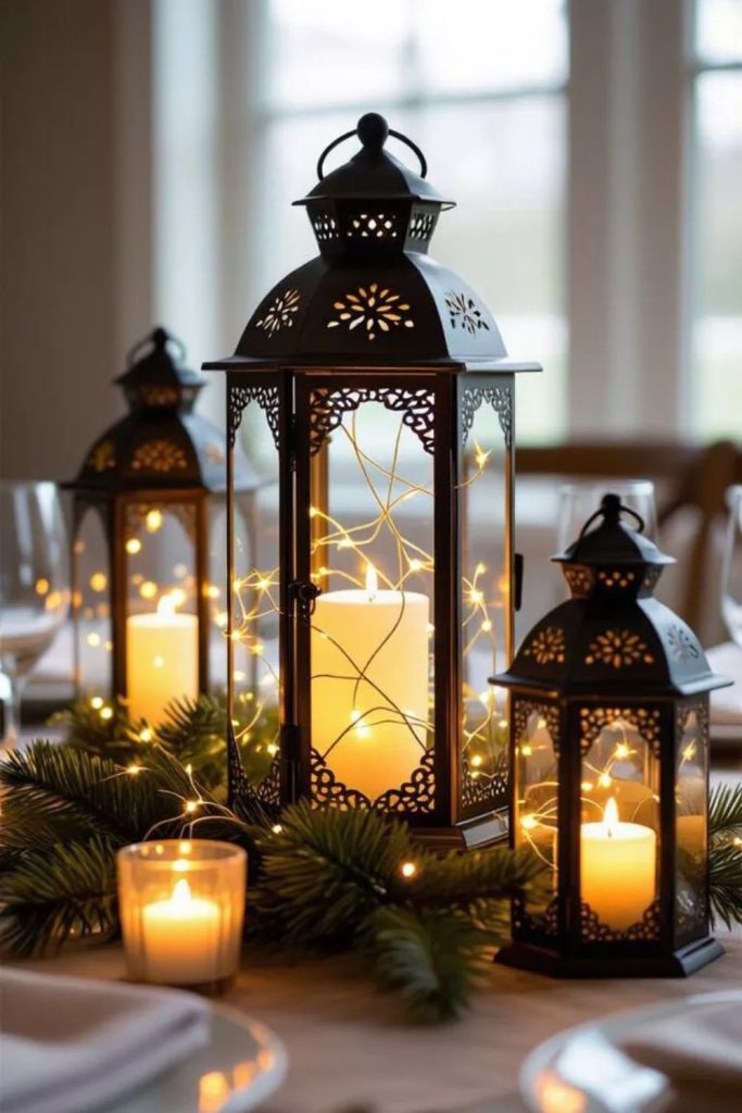 Rustic lanterns flickering warm winter ambiance