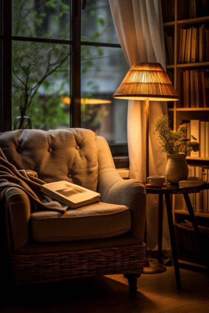 Reading corner with warm lamp.