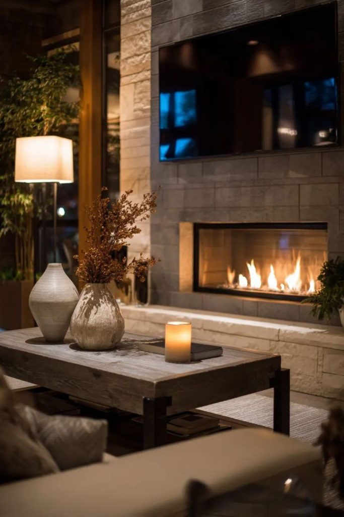 Modern pavilion linear fireplace design.
