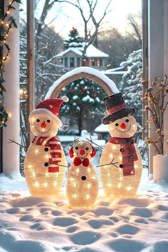 Three decorative snowmen with lights and frost