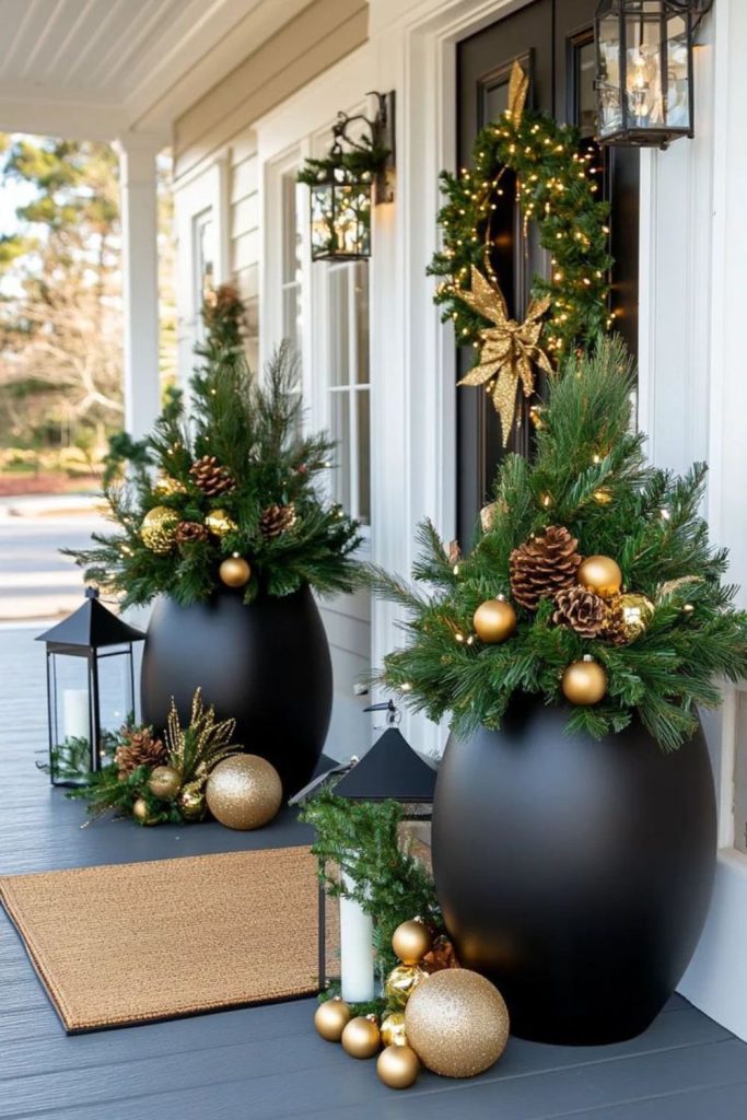 Evergreen sphere topiary porch entrance