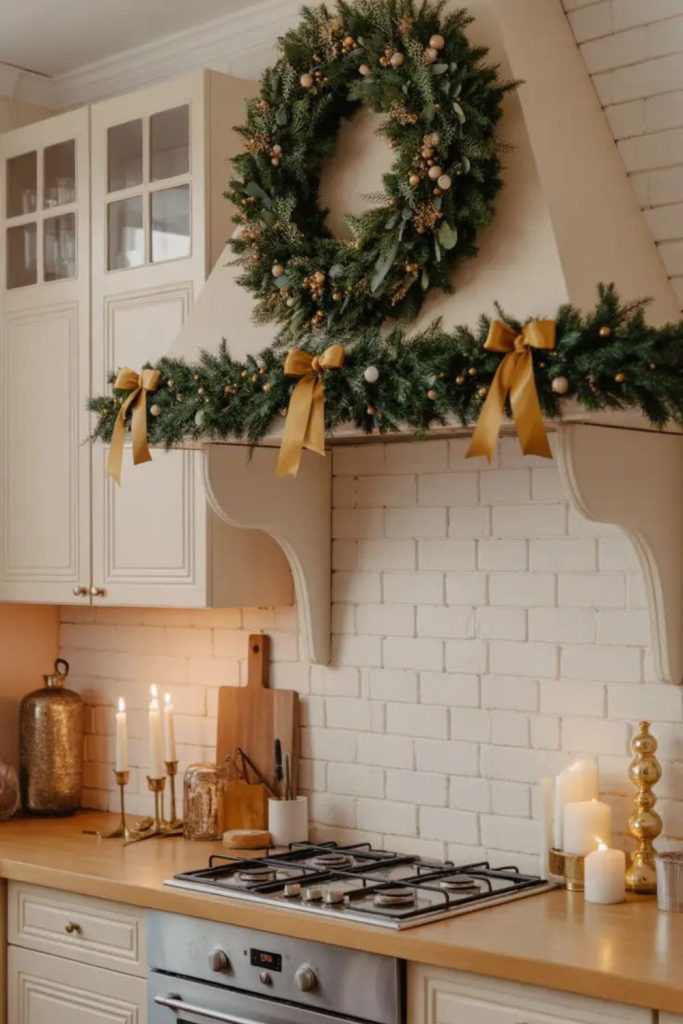 Evergreen wreath hanging on cabinets.