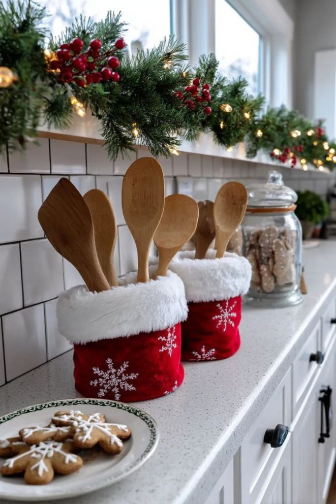Evergreen sprigs with berries and lights