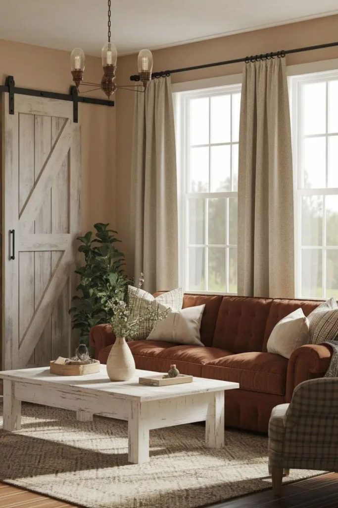 Farmhouse brown leather rustic lounge