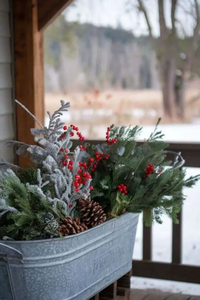 Farmhouse galvanized bucket winter greens