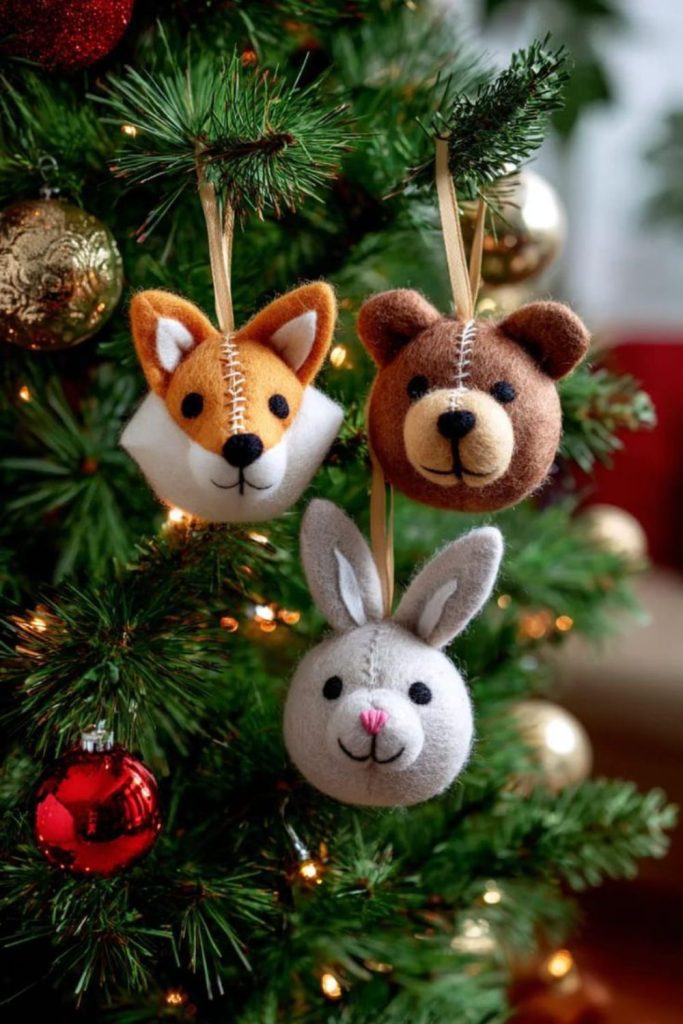 Soft felted miniature animal Christmas ornaments