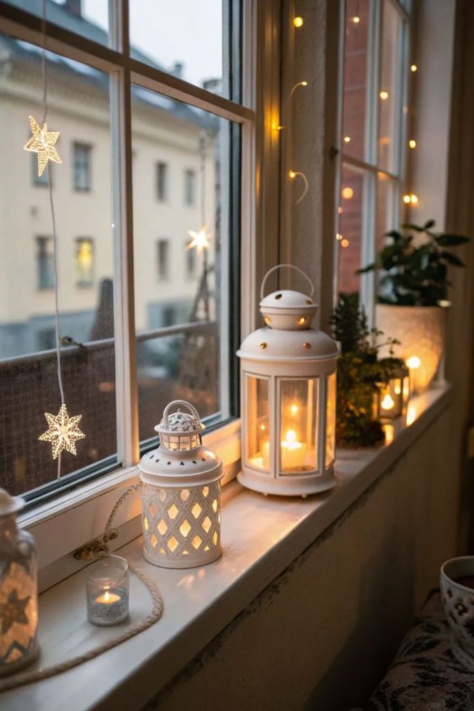 Lanterns with pinecones and fairylights.
