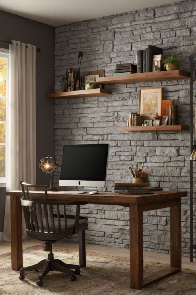 Fieldstone hearth inspired office area