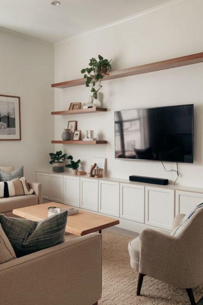 Floating shelves create airy compact living.