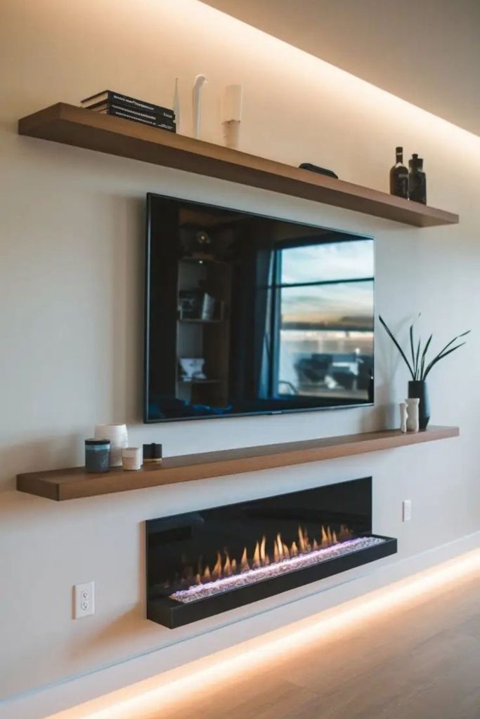 Floating granite fireplace with mounted TV
