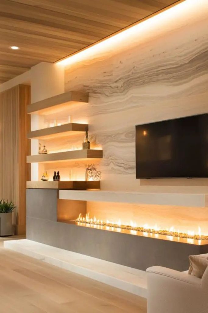 Floating wooden slat fireplace with TV