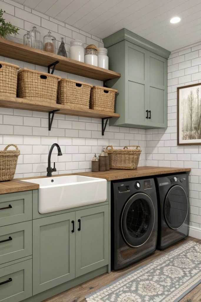 Woodland-inspired laundry with greenery accents.