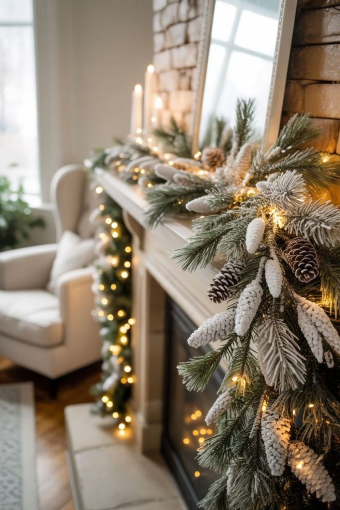 Frosted pine mantel cozy winter decor.