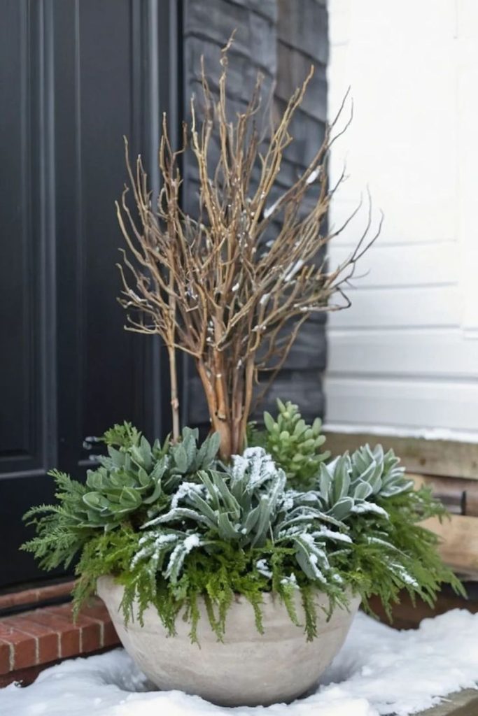 Frost-tipped cedar spiral porch feature