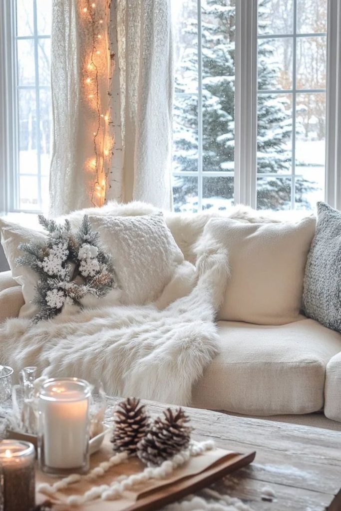 Frosted window cozy den interior.