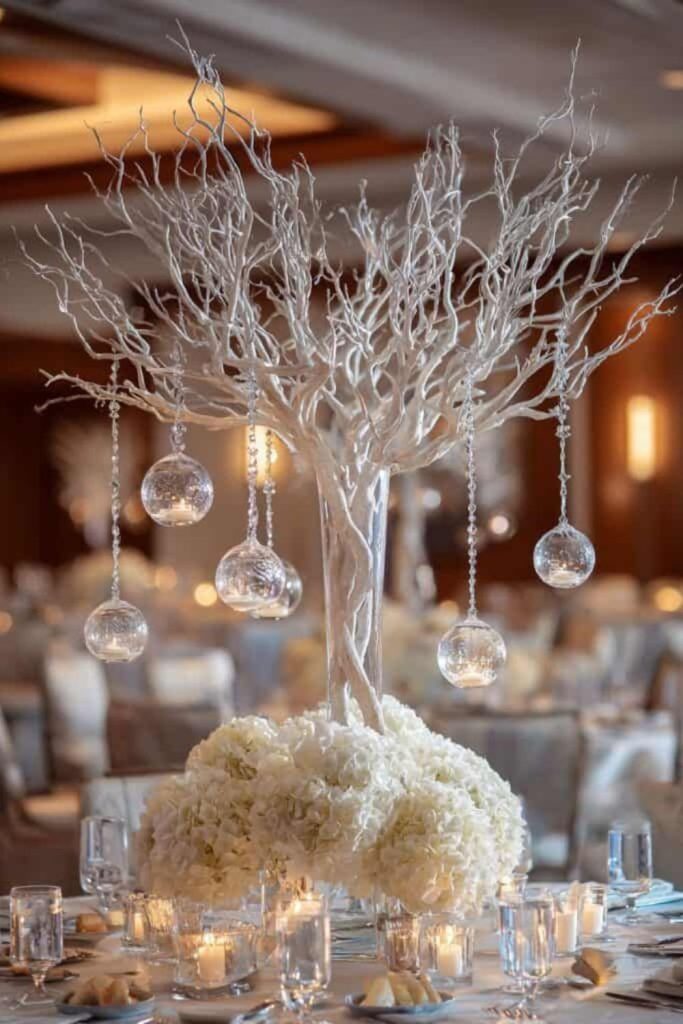 Snow-sprayed branches table decoration.