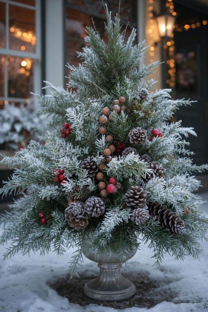 Frosted evergreen porch urn winter décor
