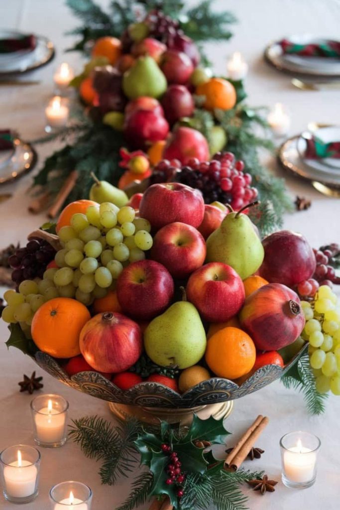 Layered frosted fruits with pine accents