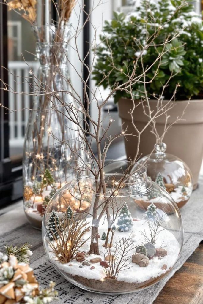 Mini evergreen terrariums snowy decor.