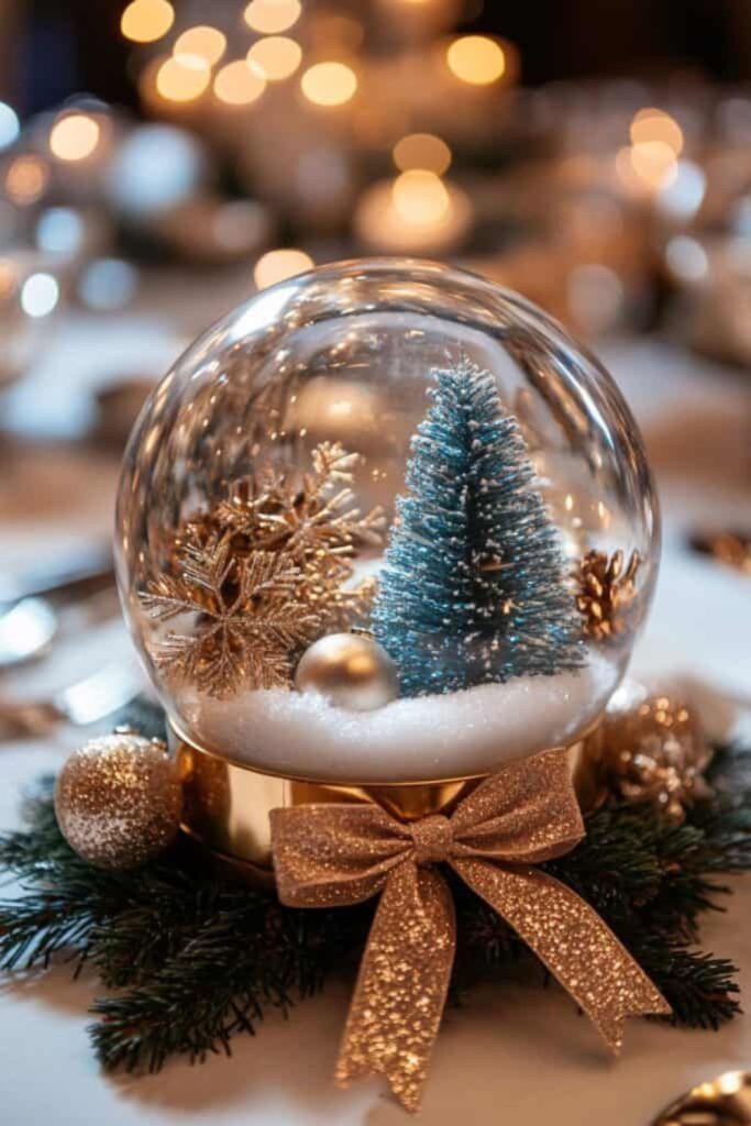 Glass globes filled with frosted pinecones