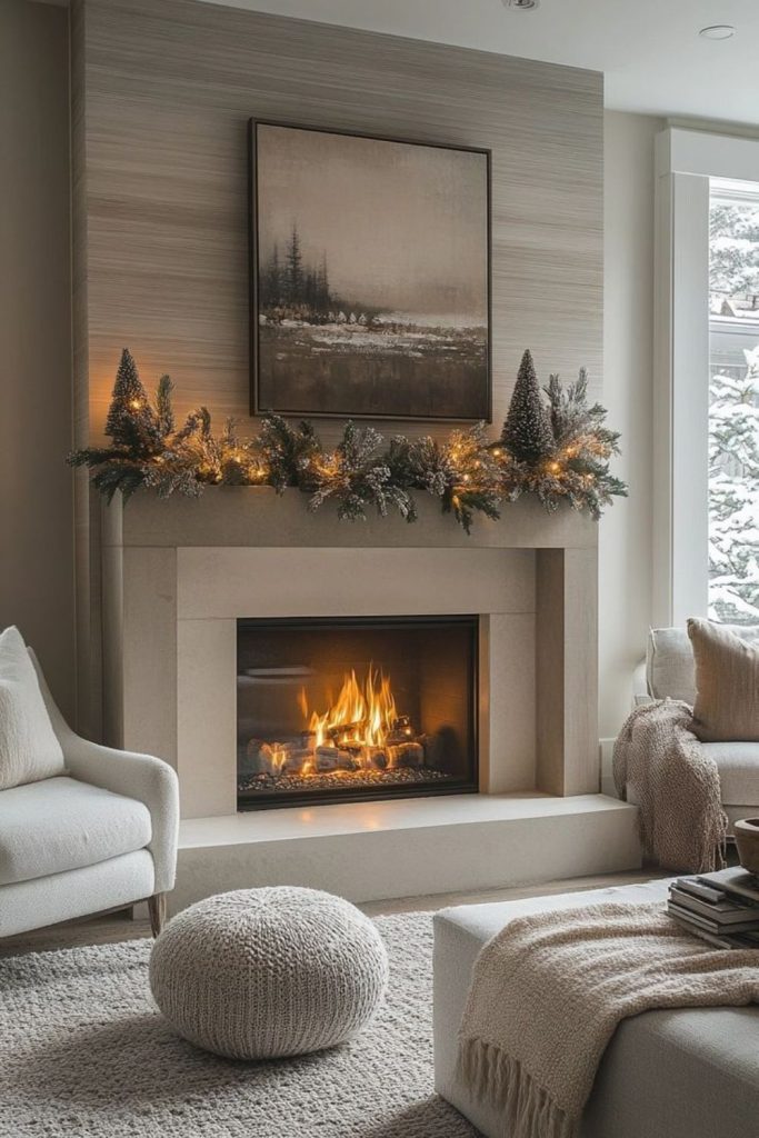 Frosted cool-toned fireplace room.