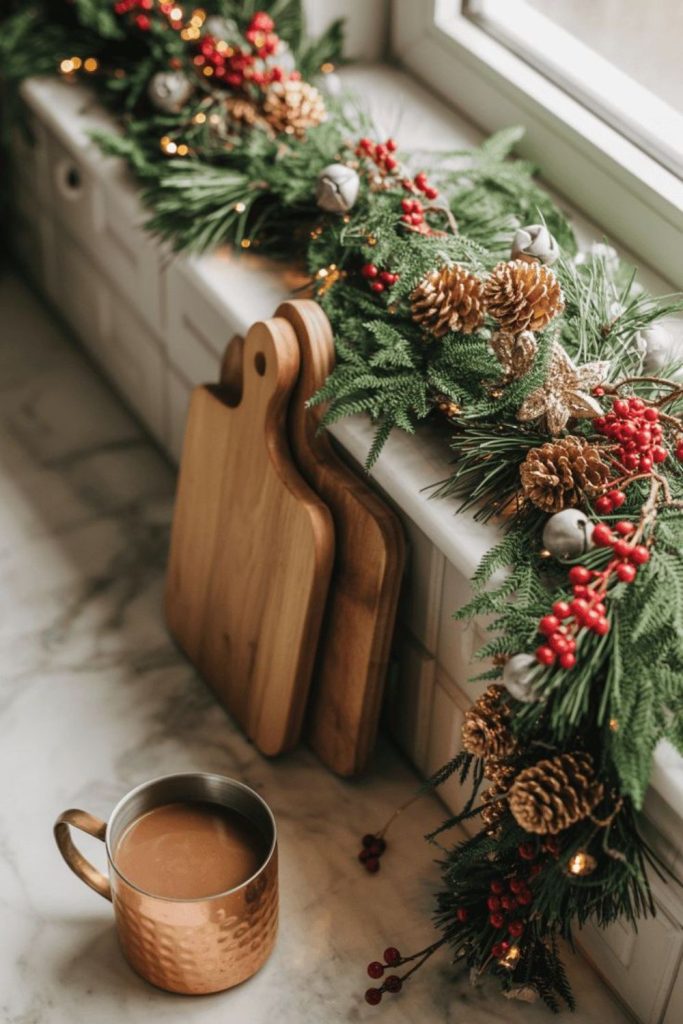 Twinkling pine garland with ornaments