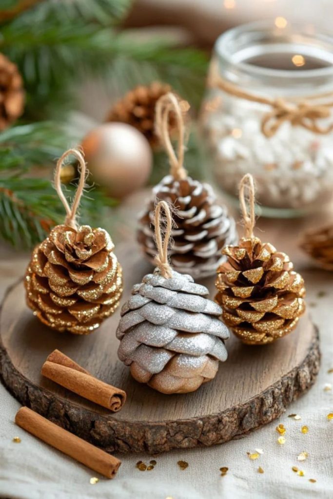 Rustic glittered pinecones hanging on twine