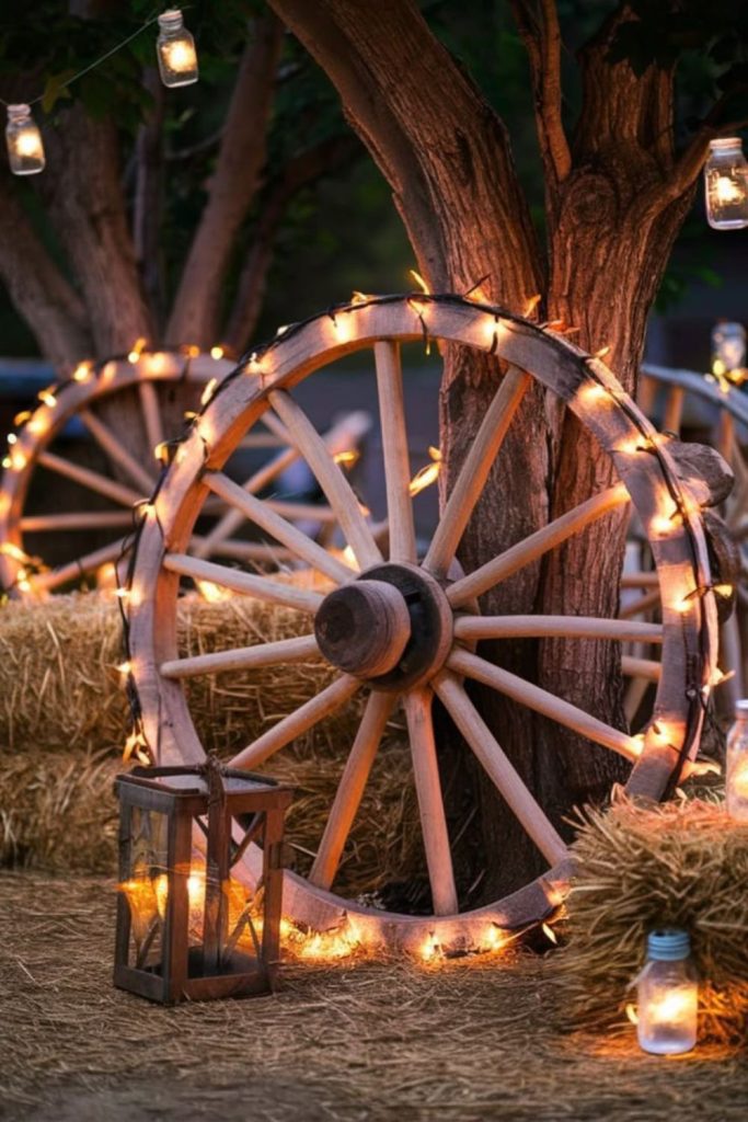 Old wagon wheel decorated with lights