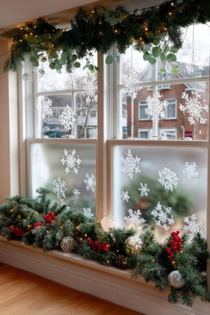 Frosted window decals with holiday motifs