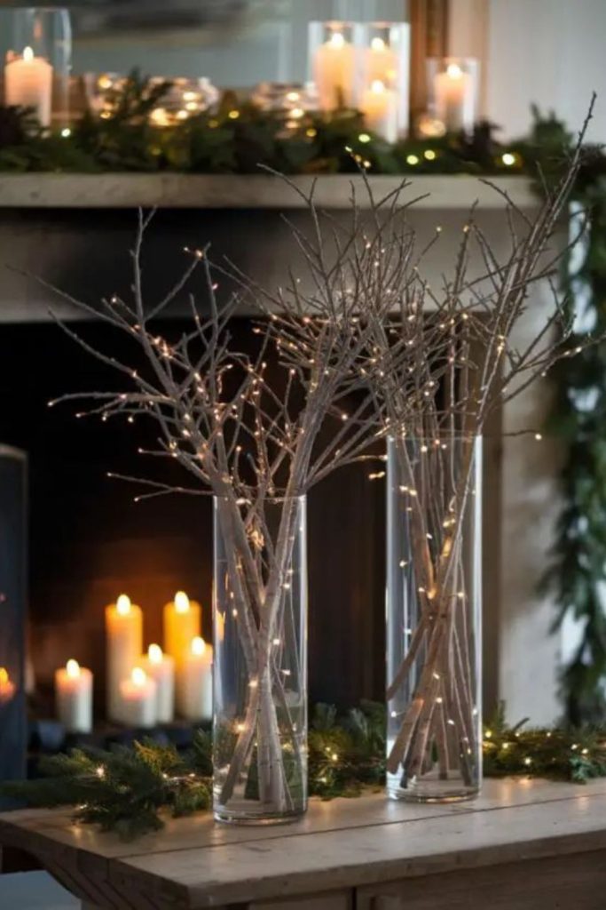 Snow-dusted branches elegant table vase.