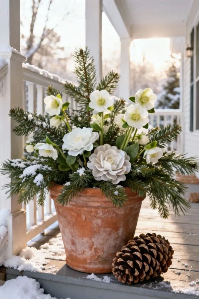 White poinsettia gentle winter porch pot