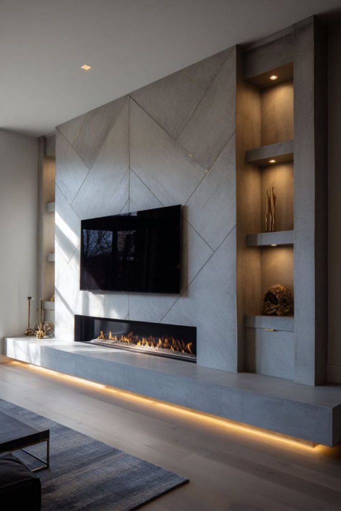 Geometric tile fireplace wall with TV