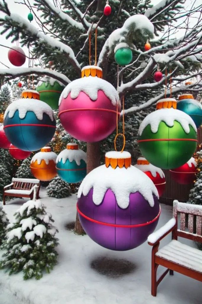 Oversized reflective ornaments scattered on lawn