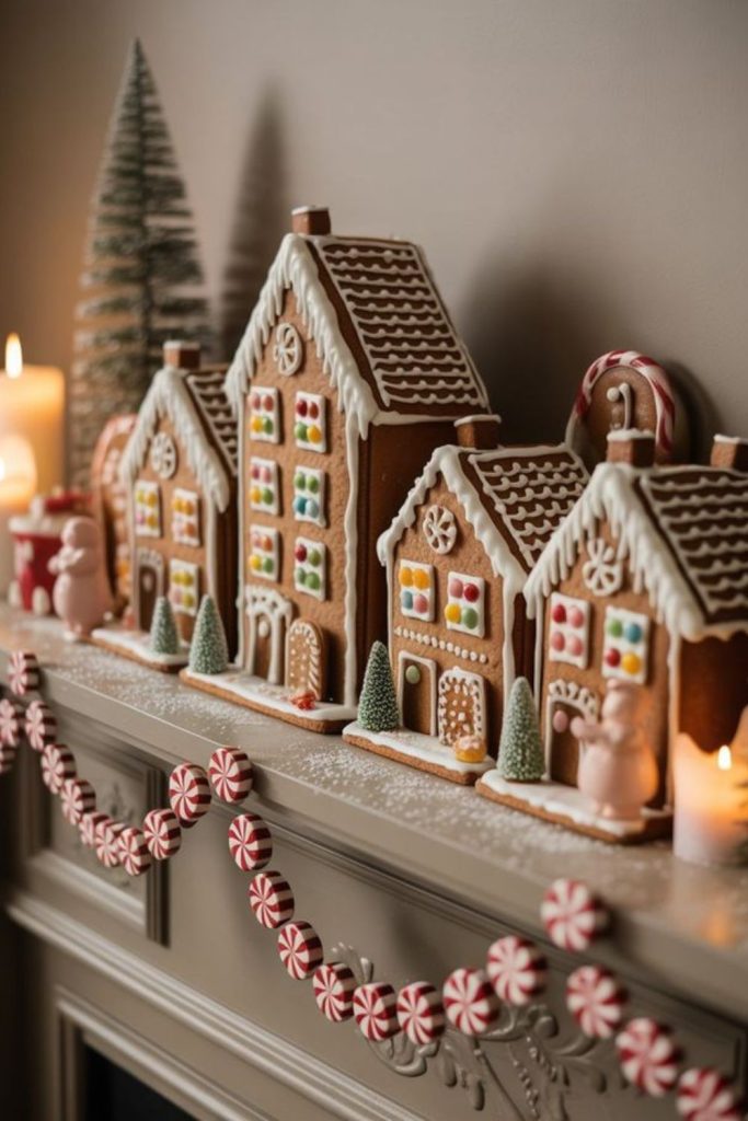 Whimsical gingerbread village on mantel.