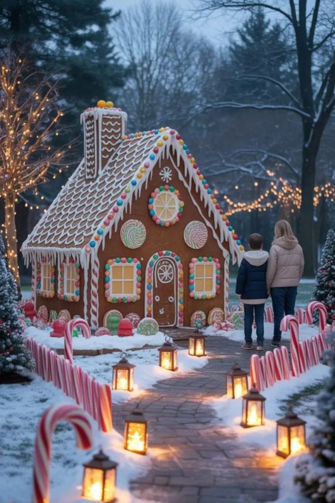 Miniature gingerbread houses with colorful lights