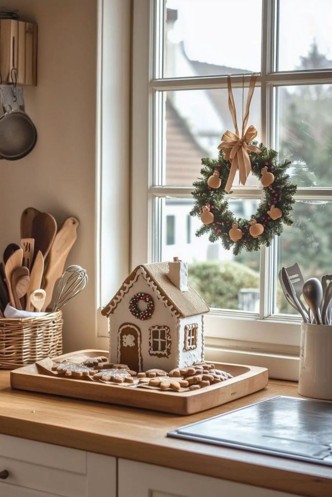 Gingerbread village displayed on countertop.