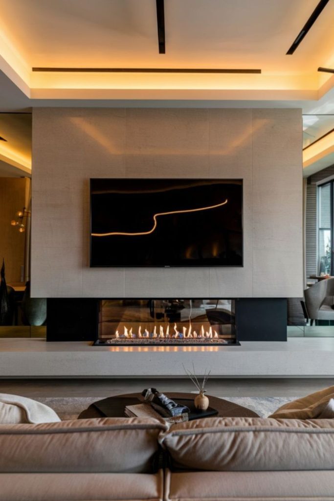 Glass-encased fireplace wall with TV